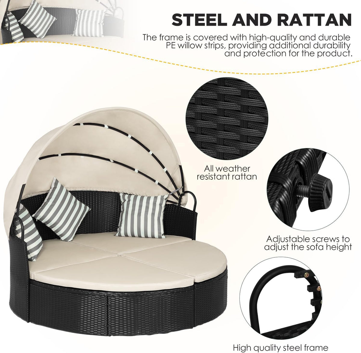 Round Rattan Daybed with Canopy