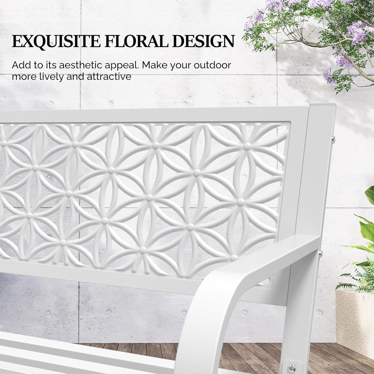 White Floral Metal Bench