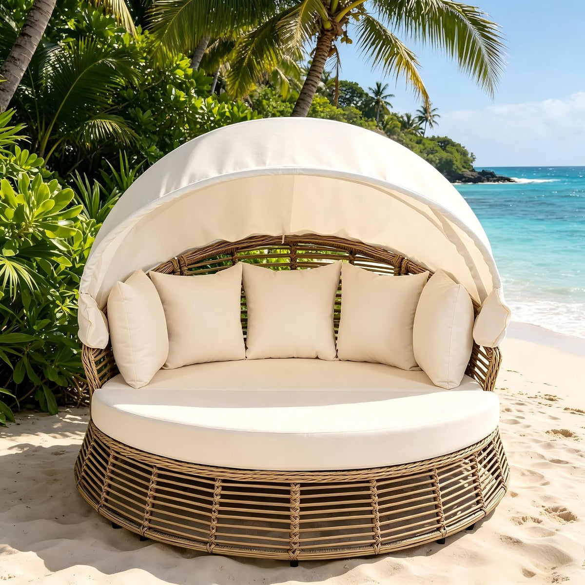 Round Wicker Lounger with Canopy