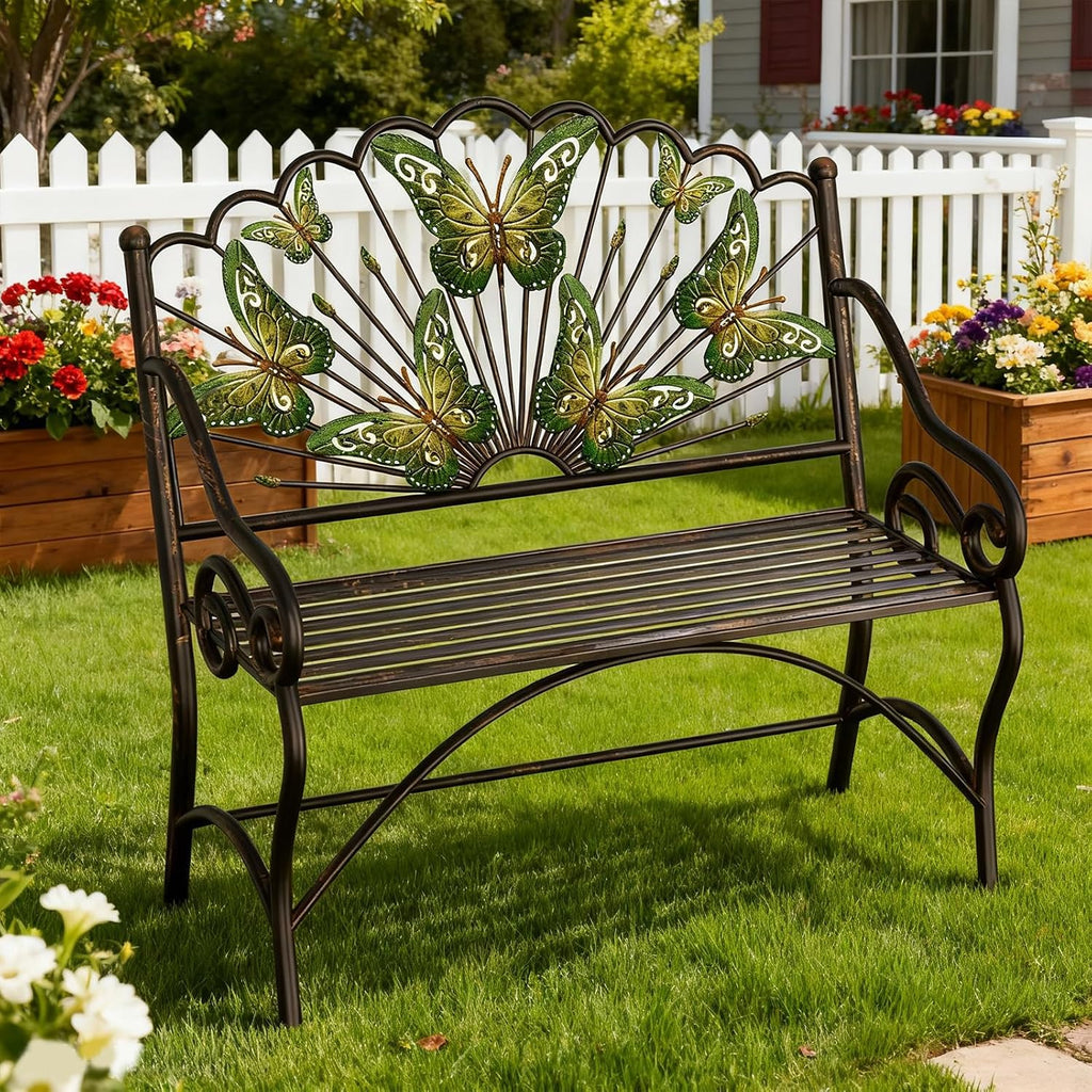 Black Butterfly Arched Back Metal Garden Bench