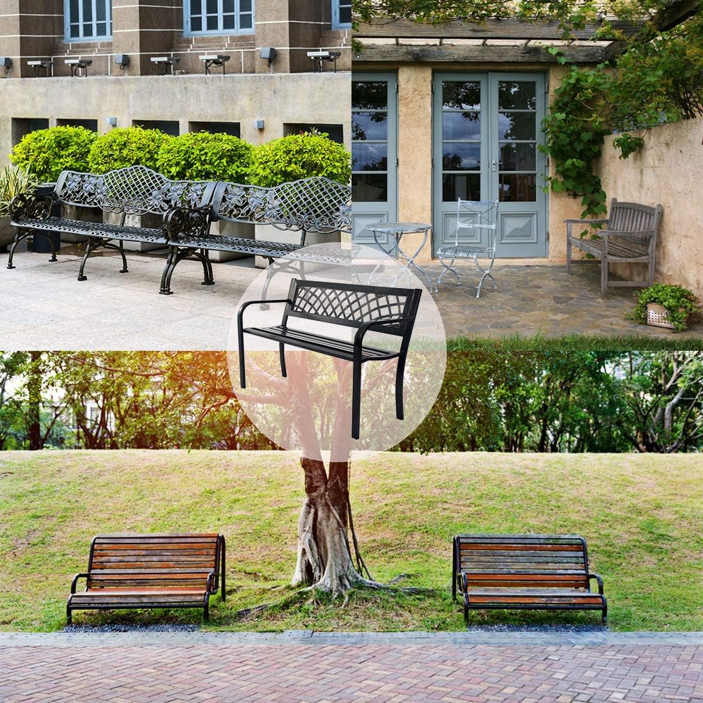 Black Steel Garden Bench with Plastic Backrest