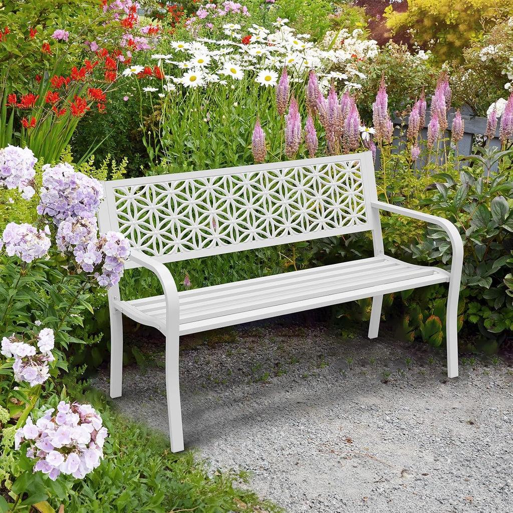 White Floral Metal Bench