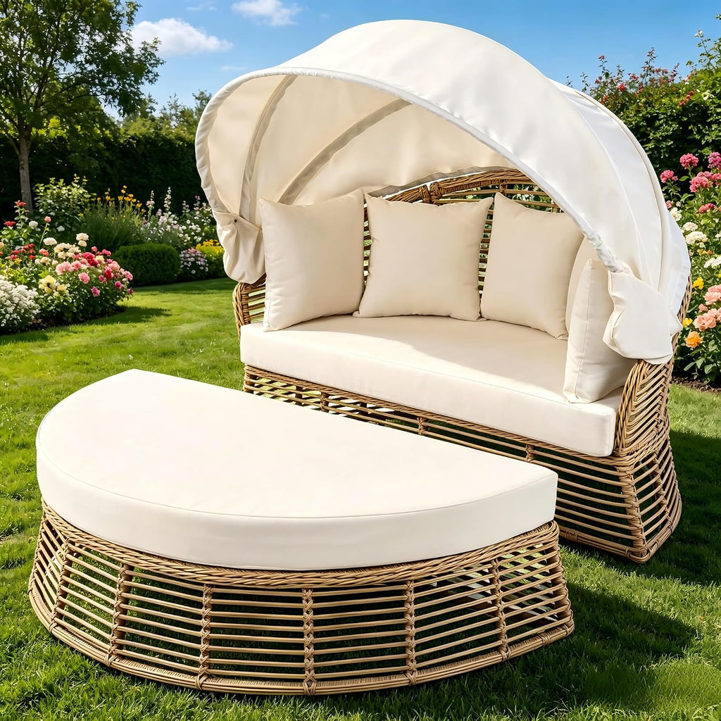 Round Wicker Lounger with Canopy