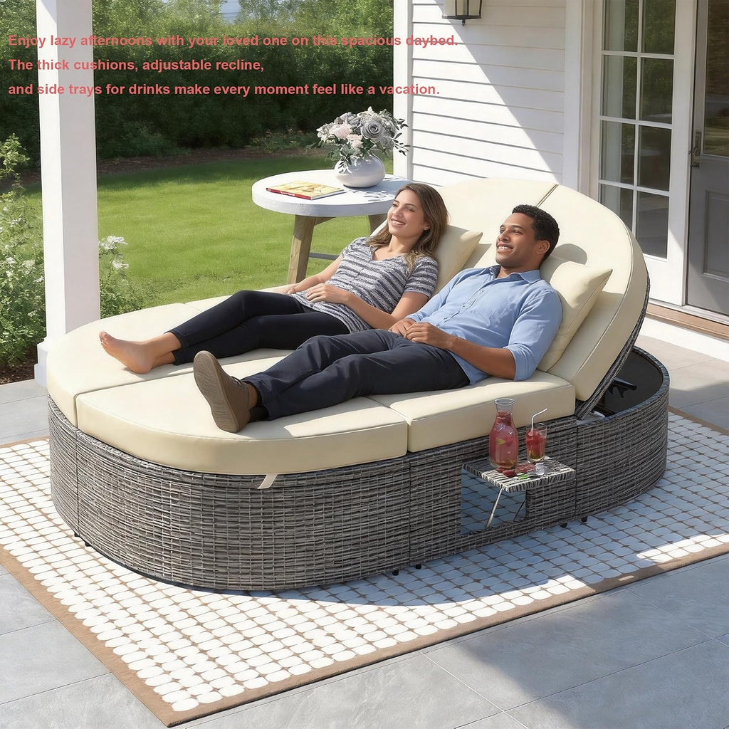 Outdoor Beige Daybed with Adjustable Backrests
