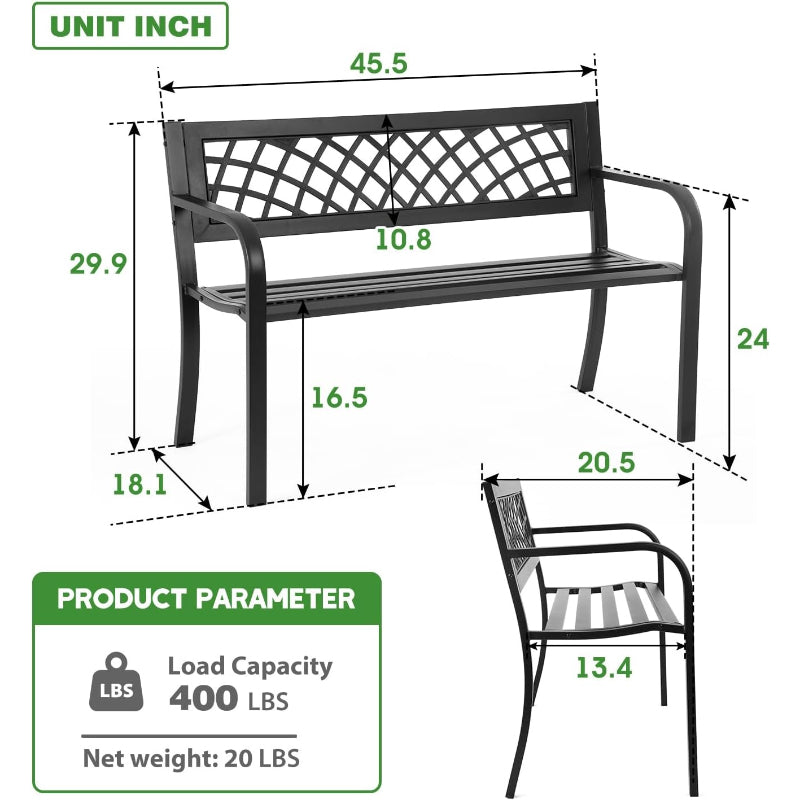Black Steel Garden Bench with Plastic Backrest